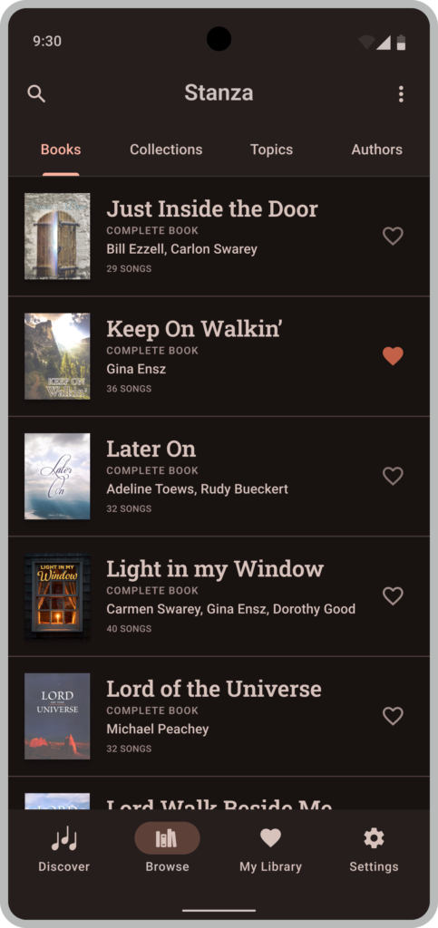 Mockup of the Browse screen on Android in dark mode, listing songbooks