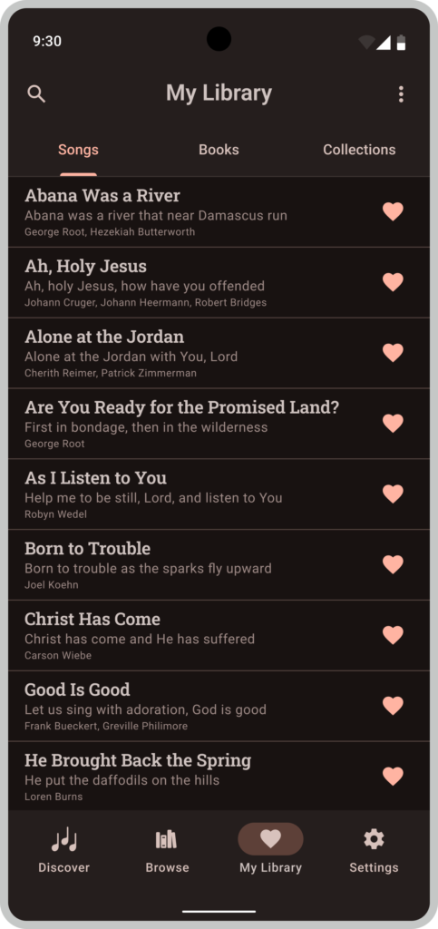 Mockup of the My Library screen on Android in dark mode, listing favorited songs