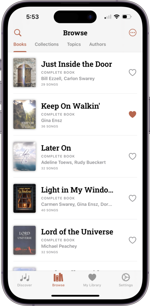Browse screen on iOS in light mode, listing songbooks with their authors and song counts