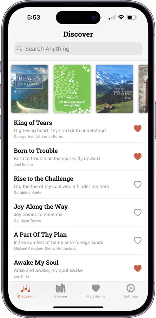 Discover screen on iOS in light mode, with featured songbooks above a list of songs