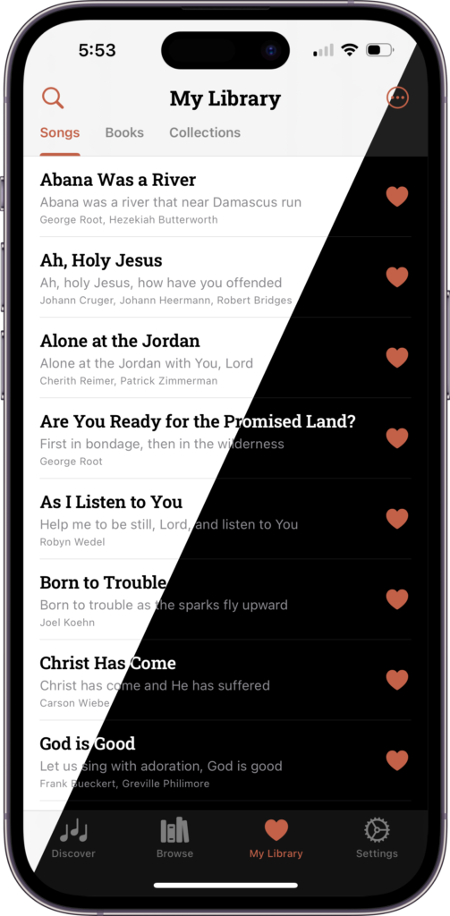 My Library screen on iOS, split diagonally between light and dark mode, listing favorited songs
